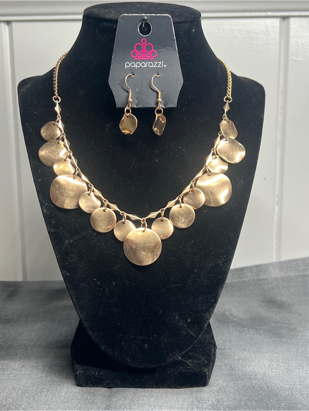 Paparazzi Gold Layered Disc Bib Necklace with Dangle Earrings